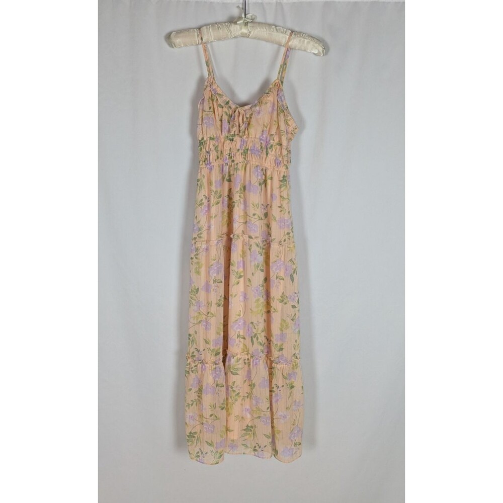 Hippie Rose Midi Dress S Junior's Peach Floral Gold Stripe Tiered Bohemian